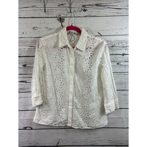 Women's ZARA White Eyelet Button Down Shirt M